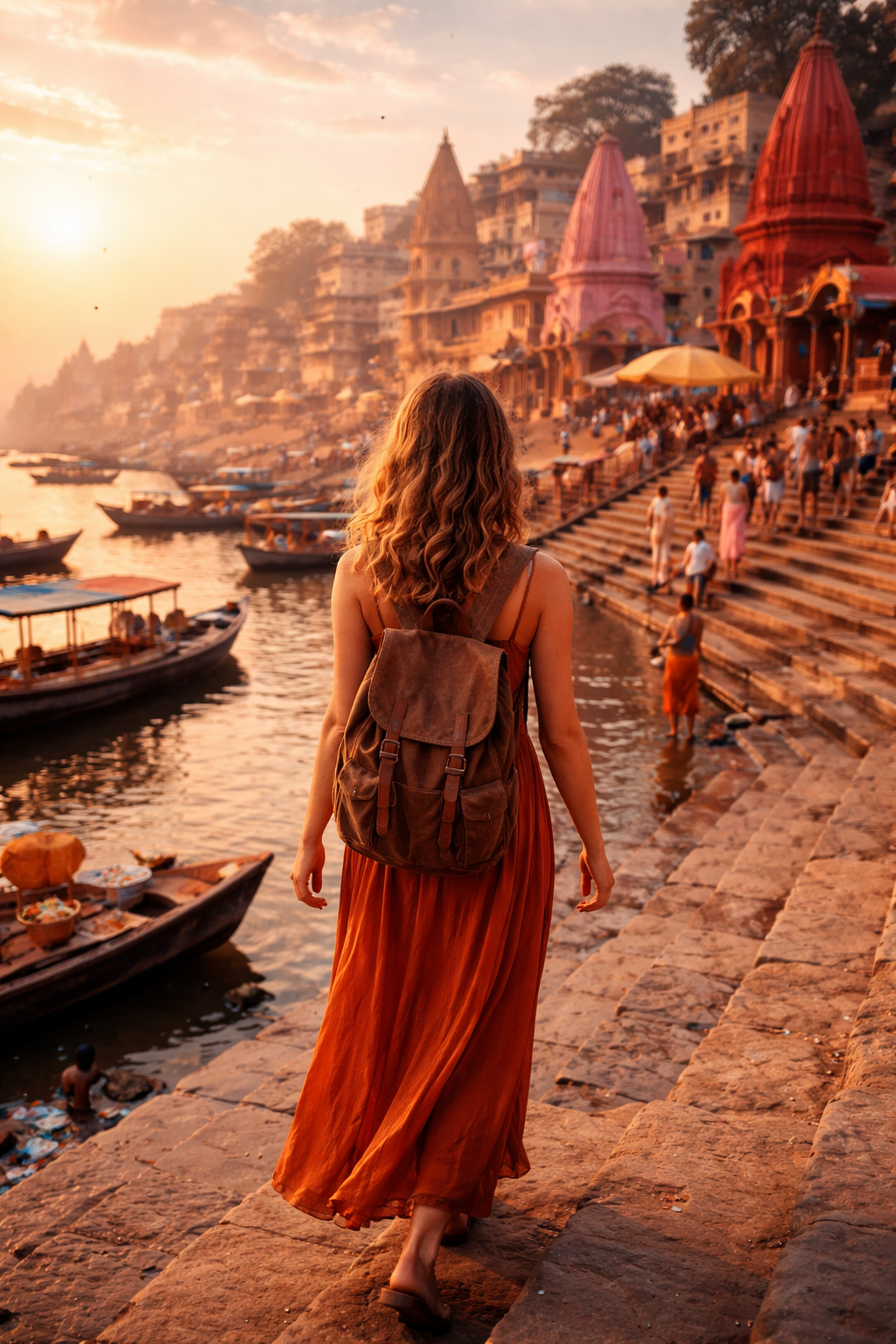 A woman walks down Varanasi ghats
