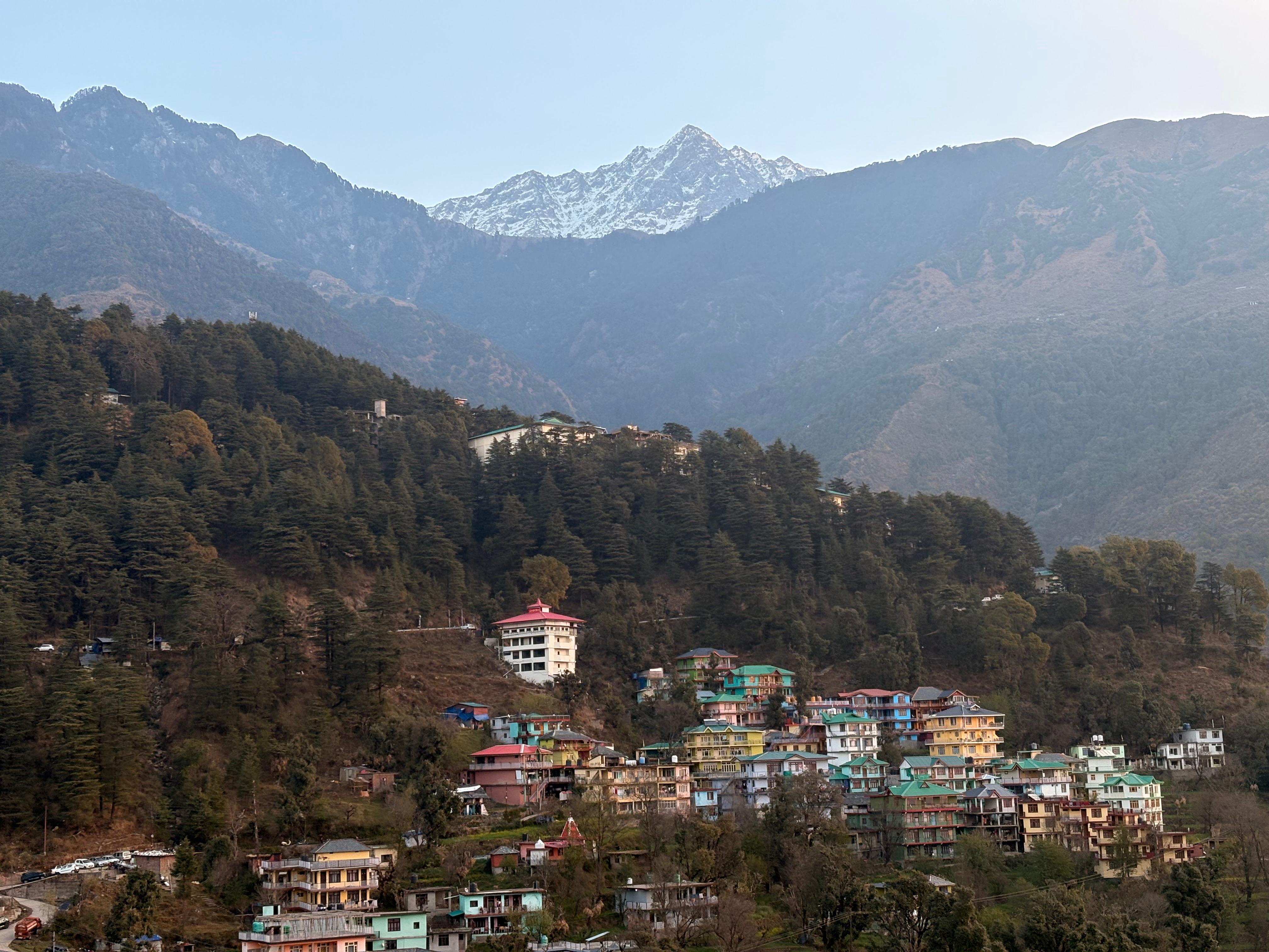 Colourful hillside houses of Dharamshala with snow-capped Dhauladhar mountains