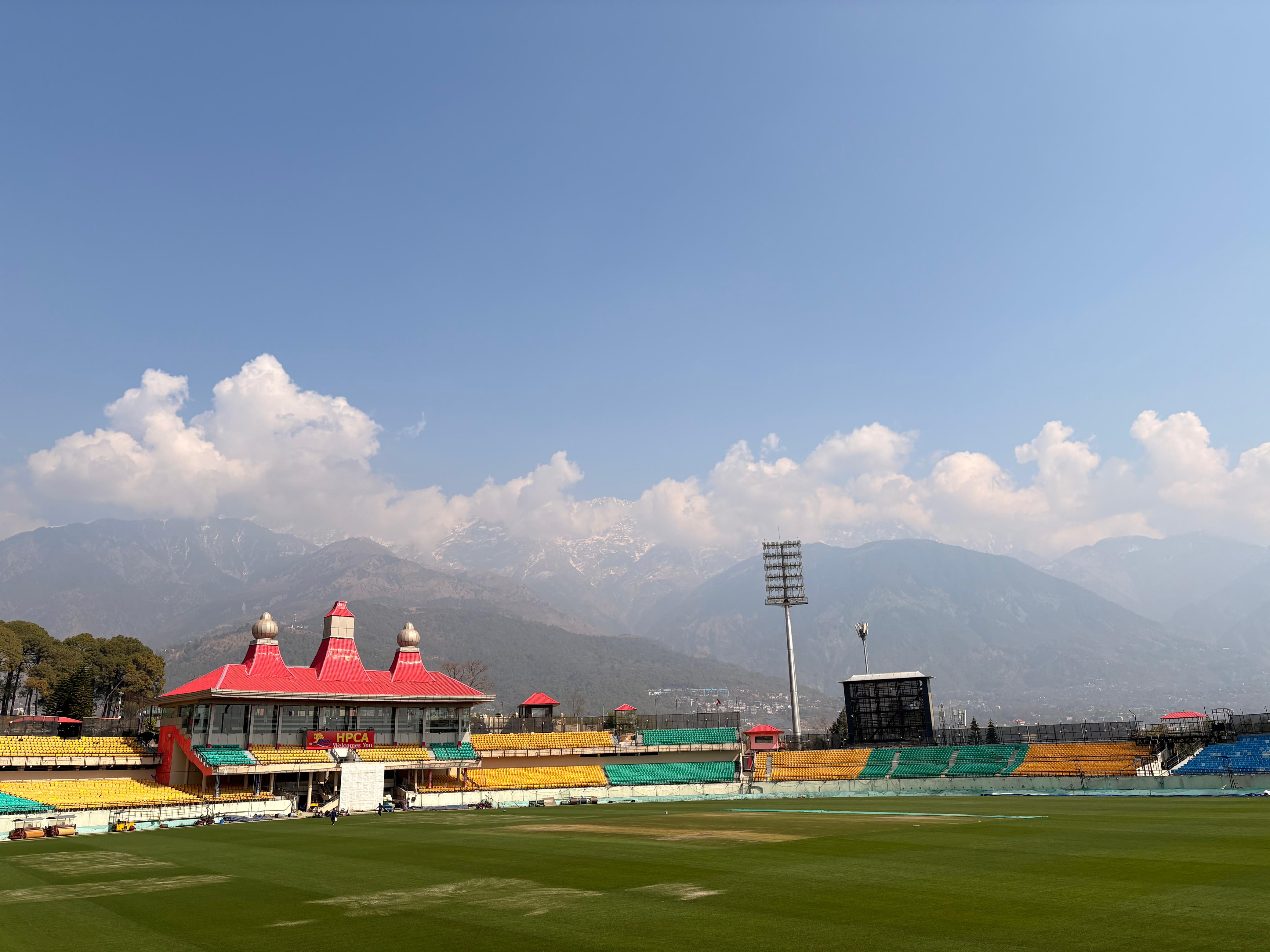 HPCA Cricket Stadium with Dhauladhar range behind, Dharamshala