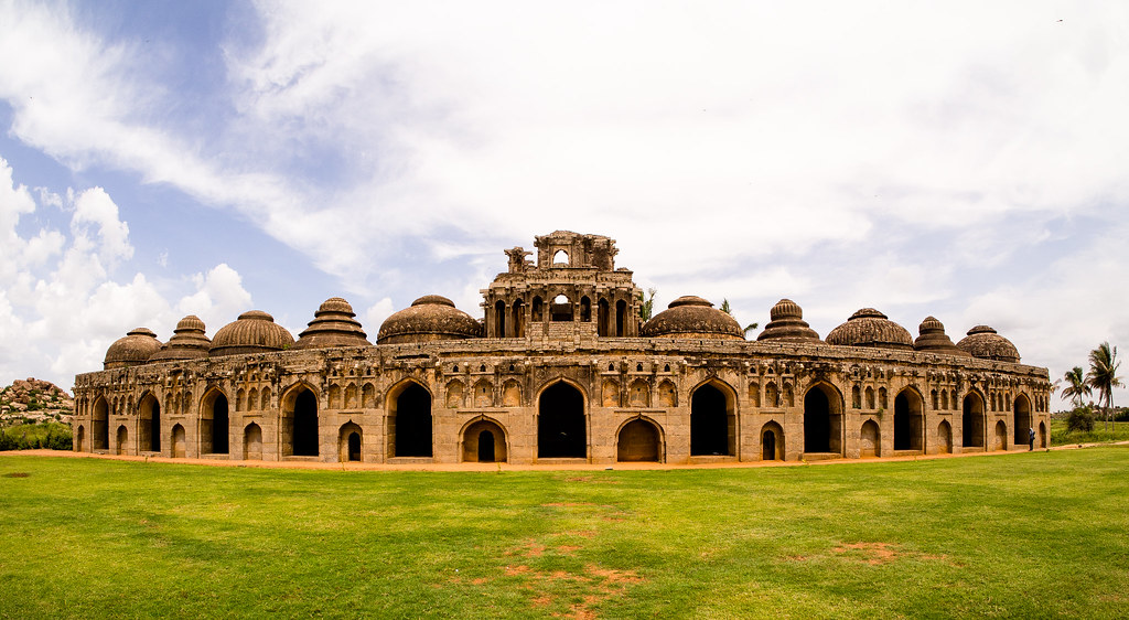 Elephant Stables panorama — eleven domed chambers of the Vijayanagara royal enclosure, Hampi