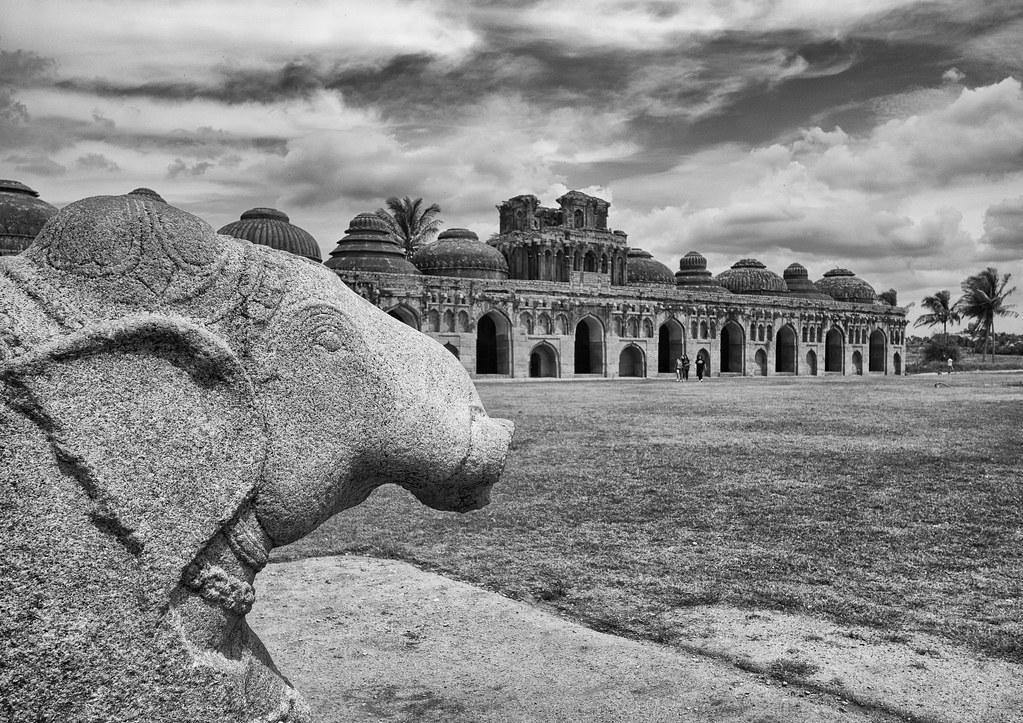 Stone elephant sculpture in front of the Elephant Stables, Hampi
