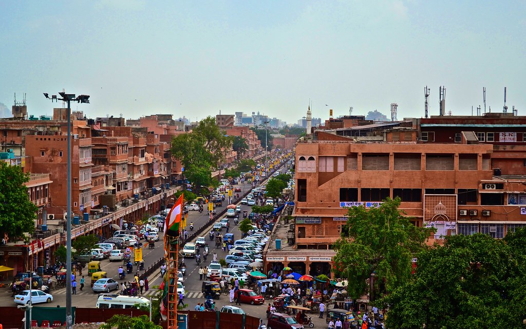 Pink City bazaar at dusk