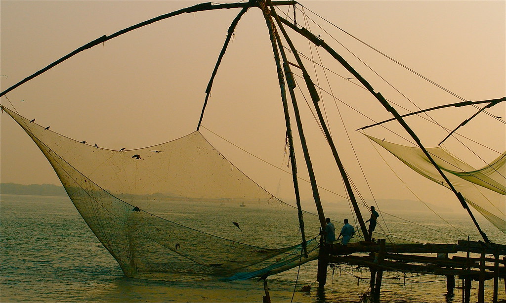 Chinese fishing nets at sunset, Fort Kochi