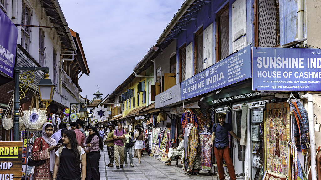Jew Town, Synagogue Lane, Mattancherry — antique shops and spice traders