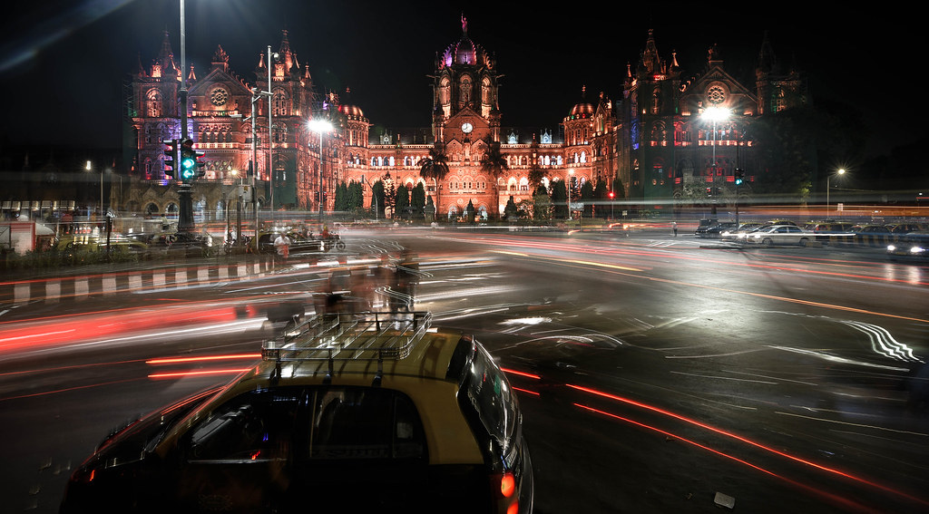 Chhatrapati Shivaji Maharaj Terminus at night with light trails, Mumbai