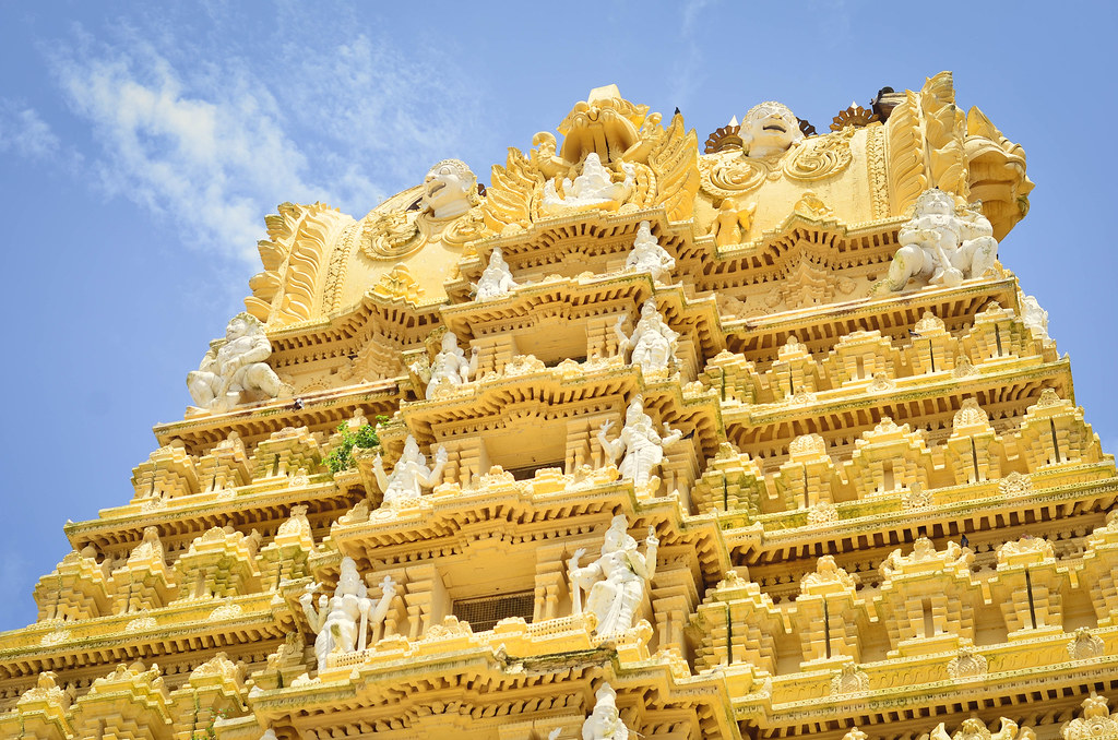 Golden Chamundeshwari Temple gopuram tower on Chamundi Hill, Mysore