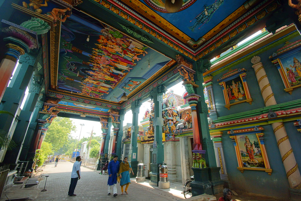 Arulmigu Manakula Vinayagar Temple — painted pillars and colourful ceiling, Pondicherry