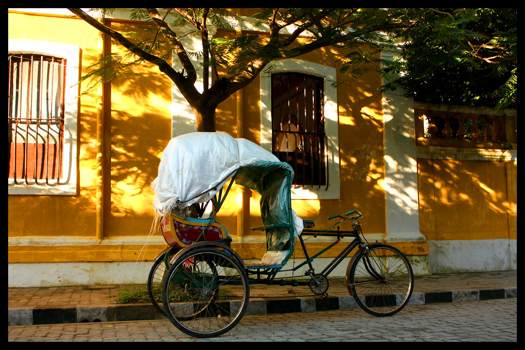 Cycle rickshaw on a colonial street in the French Quarter, Pondicherry