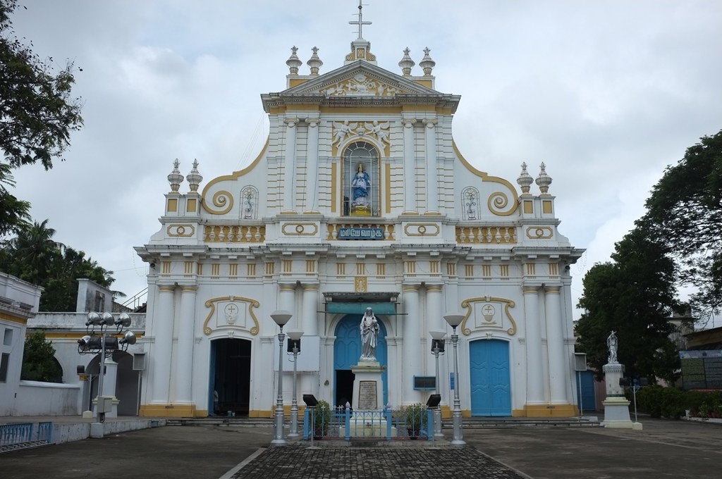 Immaculate Conception Cathedral — white Baroque facade with blue doors, Pondicherry