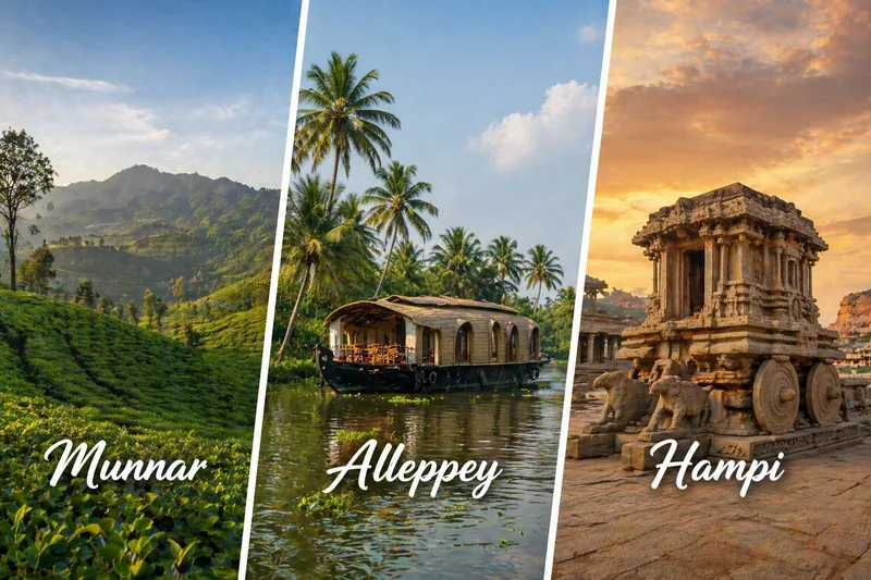 Kerala backwaters, Munnar tea hills, Hampi ruins
