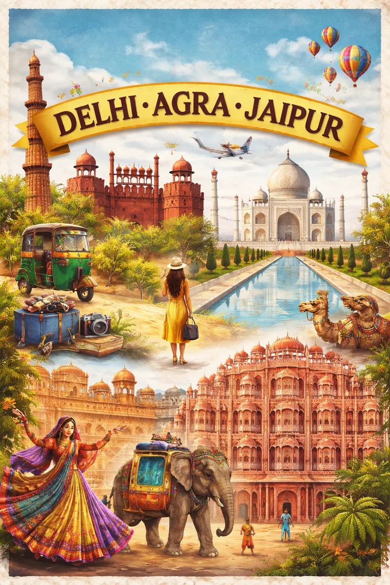 Travel poster for the Golden Triangle — Delhi, Agra, and Jaipur