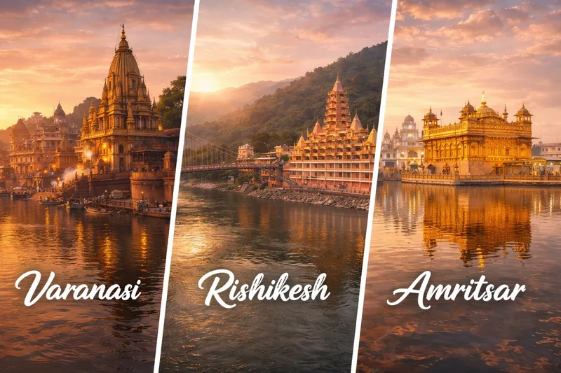 Varanasi ghats, Rishikesh yoga, Amritsar Golden Temple