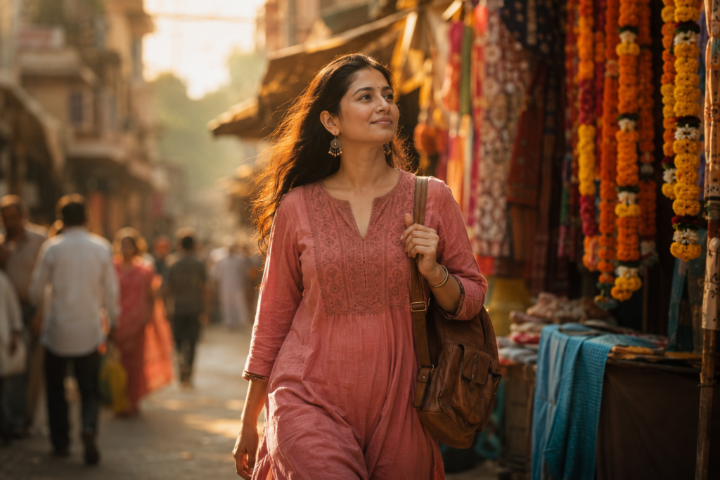 A solo woman traveler walking confidently through an Indian market street