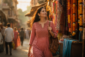 A solo woman traveler walking confidently through an Indian market street