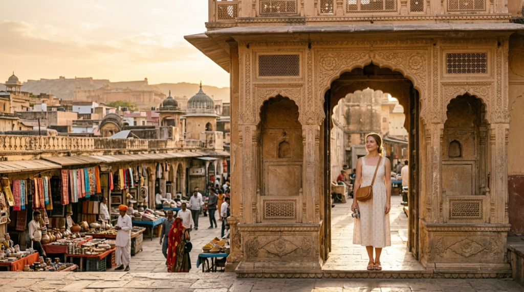 American woman in golden Rajasthani doorway, Jaipur old city