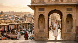 American woman in golden Rajasthani doorway, Jaipur old city