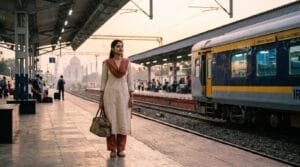 Delhi to Agra travel: a woman waiting for the Gatimaan Express train to the Taj Mahal at golden hour